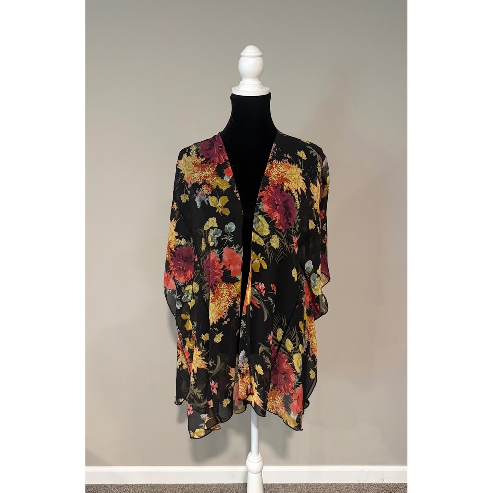 Emory Park Floral Kimono Womens One Size Black Sheer Boho Duster Cardigan